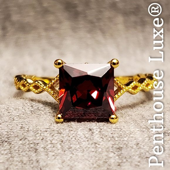 REAL Red Garnet 14k Yellow Gold Sterling Silver Ring - Picture 2 of 6